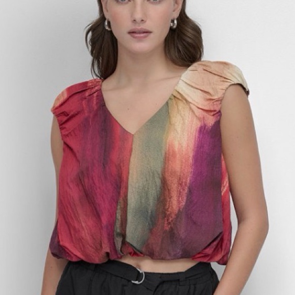 DKNY Red and Beige V-Neck Blouse - Picture 2 of 10